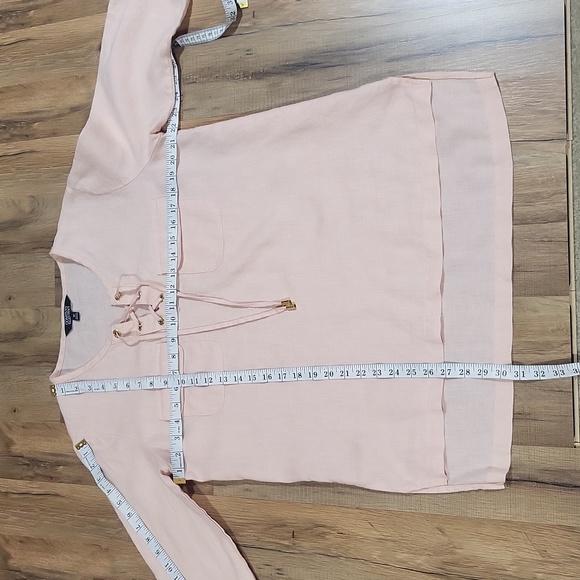 ELLEN TRACY COMPANY 100% Linen Peach Lace Up Roll Tab Tunic Top with Pockets - Picture 10 of 14